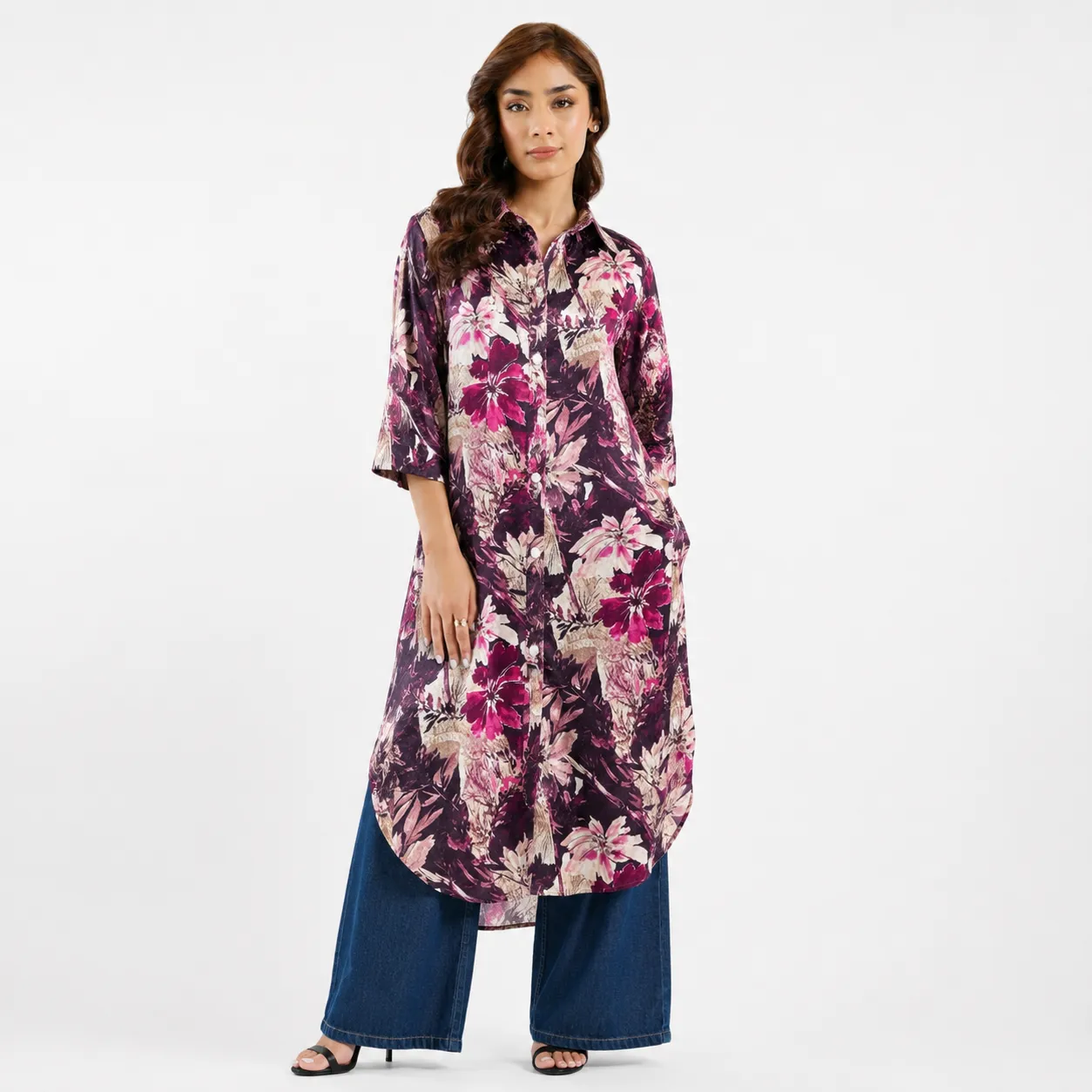Purple Floral Printed Long Shirt